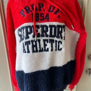 Superdry red white & blue fleece hoodie two front pockets M/L men’s NWT …